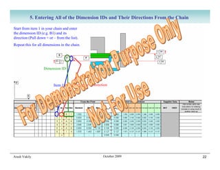 5. Entering All of the Dimension IDs and Their Directions From the Chain

Start from item 1 in your chain and enter
the dimension ID (e.g. B1) and its
direction (Pull down + or – from the list).
Repeat this for all dimensions in the chain.




                    Dimension ID



                          Item 1        Negative Y direction




Arash Vakily                                             October 2009                 22
 