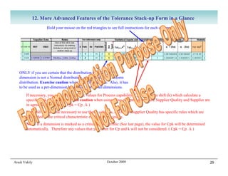 12. More Advanced Features of the Tolerance Stack-up Form in a Glance
                     Hold your mouse on the red triangles to see full instructions for each column




   ONLY if you are certain that the distribution type for your
   dimension is not a Normal distribution, you can choose Uniform
   distribution. Exercise caution when using this feature. Also, it has
   to be used as a per-dimension basis only, not for all dimensions.
        If necessary, you can define specific values for Process capability (Cp) and Mean shift (k) which calculate a
        specific Cpk. Exercise extreme caution when using these columns and ensure Supplier Quality and Supplier are
        in agreement with you. ( Cpk = Cp . k )
        It should not become necessary to use these columns, as Omron Supplier Quality has specific rules which are
        embedded in the critical characteristic explained previously.
        Note: If a dimension is marked as a critical characteristic (See last page), the value for Cpk will be determined
        automatically. Therefore any values that you enter for Cp and k will not be considered. ( Cpk = Cp . k )




Arash Vakily                                               October 2009                                                     29
 