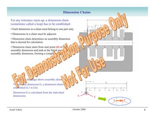 Dimension Chains

 For any tolerance stack-up, a dimension chain
 (sometimes called a loop) has to be established:
 • Each dimension in a chain must belong to one part only.
 • Dimensions in a chain must be adjacent.
 • Dimension chain determines an assembly dimension
 that is desired for calculation.
 • Dimension chain starts from start point (S) of the
 assembly dimension and ends at the finish point (F) of the
 assembly dimension, forming a complete loop.




   Example on this page shows assembly dimension G.
   To calculate dimension G, a dimension chain is
   established (L1 to L6).
   Dimension G is calculated from the individual
   dimensions.                                                S         F
                                                                            S   F


Arash Vakily                                             October 2009               4
 