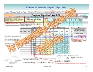 Example 2 Completed – Inputs (Page 1 of 6)

Main Tolerance Stack-up Page:




               α

                                                             Only 1 digit after decimal point is shown on the form

Arash Vakily                                  October 2009                                                       42
 