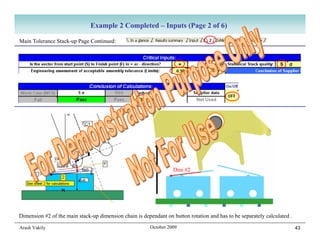 Example 2 Completed – Inputs (Page 2 of 6)

Main Tolerance Stack-up Page Continued:




                                                                   Dim #2




Dimension #2 of the main stack-up dimension chain is dependant on button rotation and has to be separately calculated .

Arash Vakily                                             October 2009                                                     43
 