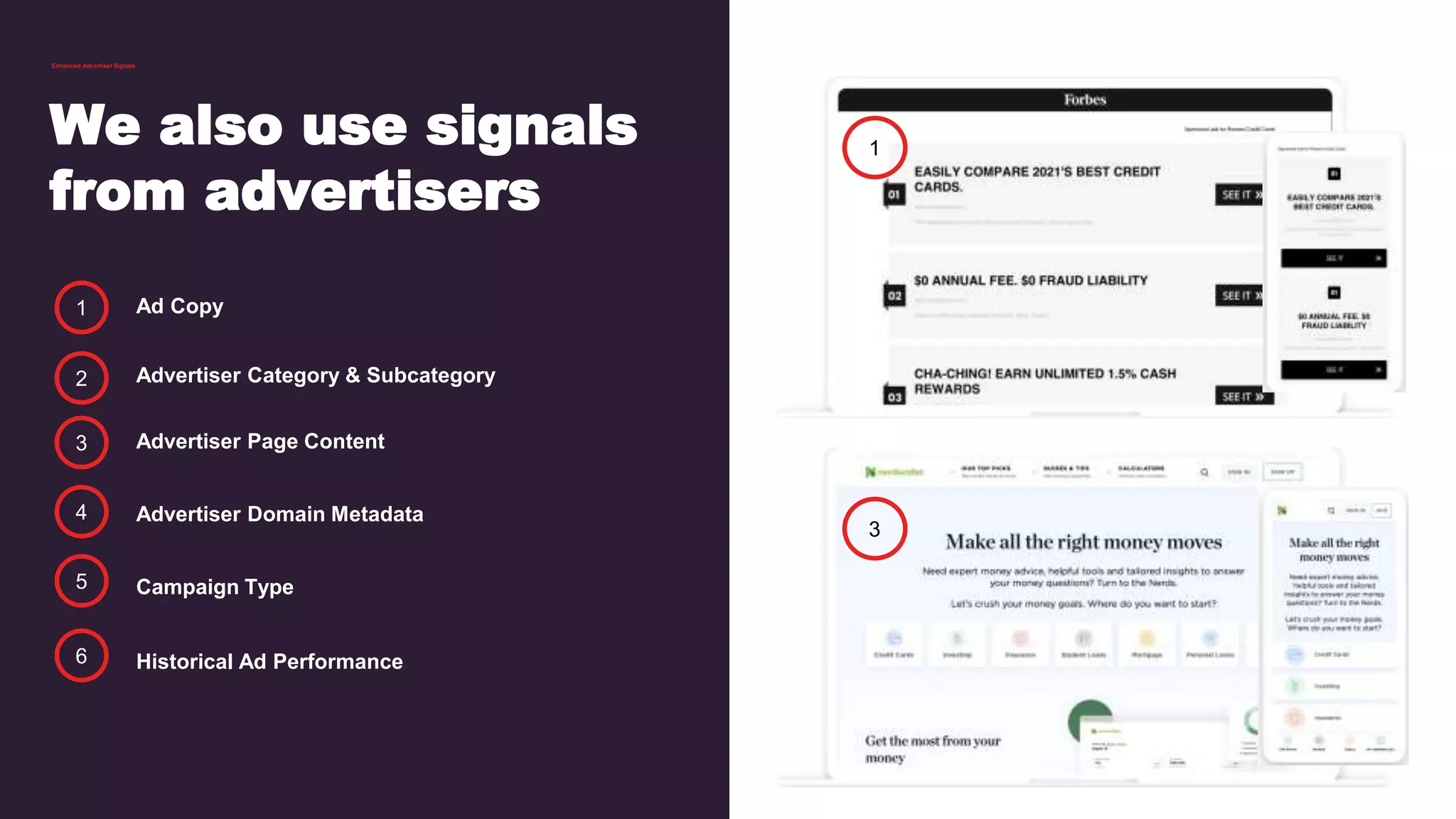 1
We also use signals
from advertisers
Enhanced Advertiser Signals
3
1 Ad Copy
Advertiser Category & Subcategory
Advertiser Page Content
Advertiser Domain Metadata
Campaign Type
2
3
4
5
Historical Ad Performance
6
 