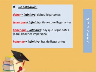 I) De obligación:
deber + infinitivo: debes llegar antes.
tener que + infinitivo: tienes que llegar antes
haber que + infinitivo: hay que llegar antes
(aquí, haber es impersonal)
haber de + infinitivo: has de llegar antes
 
