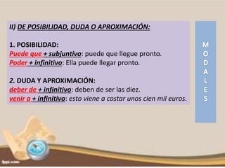 II) DE POSIBILIDAD, DUDA O APROXIMACIÓN:
1. POSIBILIDAD:
Puede que + subjuntivo: puede que llegue pronto.
Poder + infinitivo: Ella puede llegar pronto.
2. DUDA Y APROXIMACIÓN:
deber de + infinitivo: deben de ser las diez.
venir a + infinitivo: esto viene a costar unos cien mil euros.
 