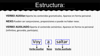 Estructura: 
VERBO AUXiliar:Aporta los contenidos gramaticales. Aparece en forma personal. 
NEXO:Pueden ser conjunciones, preposiciones o puede no haber nexo. 
VERBO AUXILIADO:Aporta el contenido semántico. Aparece en forma no personal 
(infinitivo, gerundio, participio). 
Voy a saltar 
Verbo auxiliar Nexo Verbo auxiliado 
 