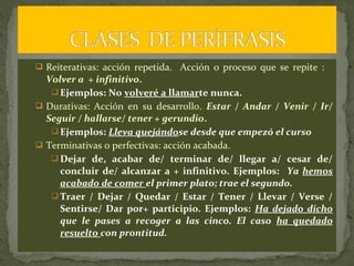  Reiterativas: acción repetida. Acción o proceso que se repite :
Volver a + infinitivo.
 Ejemplos: No volveré a llamarte nunca.
 Durativas: Acción en su desarrollo. Estar / Andar / Venir / Ir/
Seguir / hallarse/ tener + gerundio.
 Ejemplos: Lleva quejándose desde que empezó el curso
 Terminativas o perfectivas: acción acabada.
 Dejar de, acabar de/ terminar de/ llegar a/ cesar de/
concluir de/ alcanzar a + infinitivo. Ejemplos: Ya hemos
acabado de comer el primer plato; trae el segundo.
 Traer / Dejar / Quedar / Estar / Tener / Llevar / Verse /
Sentirse/ Dar por+ participio. Ejemplos: Ha dejado dicho
que le pases a recoger a las cinco. El caso ha quedado
resuelto con prontitud.
 