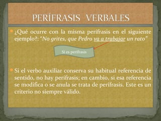 ¿Qué ocurre con la misma perífrasis en el siguiente
ejemplo?: “No grites, que Pedro va a trabajar un rato”
Si el verbo auxiliar conserva su habitual referencia de
sentido, no hay perífrasis; en cambio, si esa referencia
se modifica o se anula se trata de perífrasis. Este es un
criterio no siempre válido.
Sí es perífrasis
 