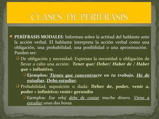  PERÍFRASIS MODALES: Informan sobre la actitud del hablante ante
la acción verbal. El hablante interpreta la acción verbal como una
obligación, una probabilidad, una posibilidad 0 una aproximación.
Pueden ser:
 De obligación y necesidad: Expresan la necesidad u obligación de
llevar a cabo una acción: Tener que/ Deber/ Haber de / Haber
que + infinitivo.
 Ejemplos: Tienes que concentrarte en tu trabajo. He de
estudiar. Debo estudiar.
 Probabilidad, suposición o duda: Deber de, poder, venir a,
poder + infinitivo; venir+ gerundio
 Ejemplos: Ese reloj debe de costar mucho dinero. Viene a
estudiar unas dos horas.
 