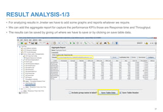 37
RESULT ANALYSIS-1/3
• For analyzing results in Jmeter we have to add some graphs and reports whatever we require.
• We can add the aggregate report for capture the performance KPI’s those are Response time and Throughput.
• The results can be saved by giving url where we have to save or by clicking on save table data.
 
