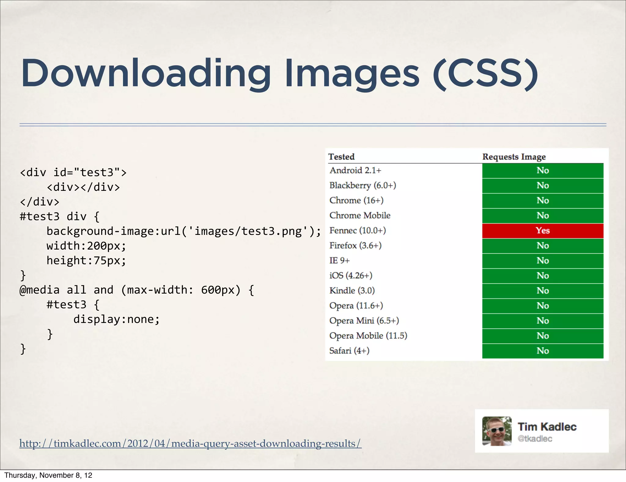 Downloading Images (CSS)

    <div	
  id="test3">
    	
  	
  	
  	
  <div></div>
    </div>
    #test3	
  div	
  {
    	
  	
  	
  	
  background-­‐image:url('images/test3.png');
    	
  	
  	
  	
  width:200px;
    	
  	
  	
  	
  height:75px;
    }
    @media	
  all	
  and	
  (max-­‐width:	
  600px)	
  {
    	
  	
  	
  	
  #test3	
  {
    	
  	
  	
  	
  	
  	
  	
  	
  display:none;
    	
  	
  	
  	
  }
    }




    http://timkadlec.com/2012/04/media-query-asset-downloading-results/

Thursday, November 8, 12
 