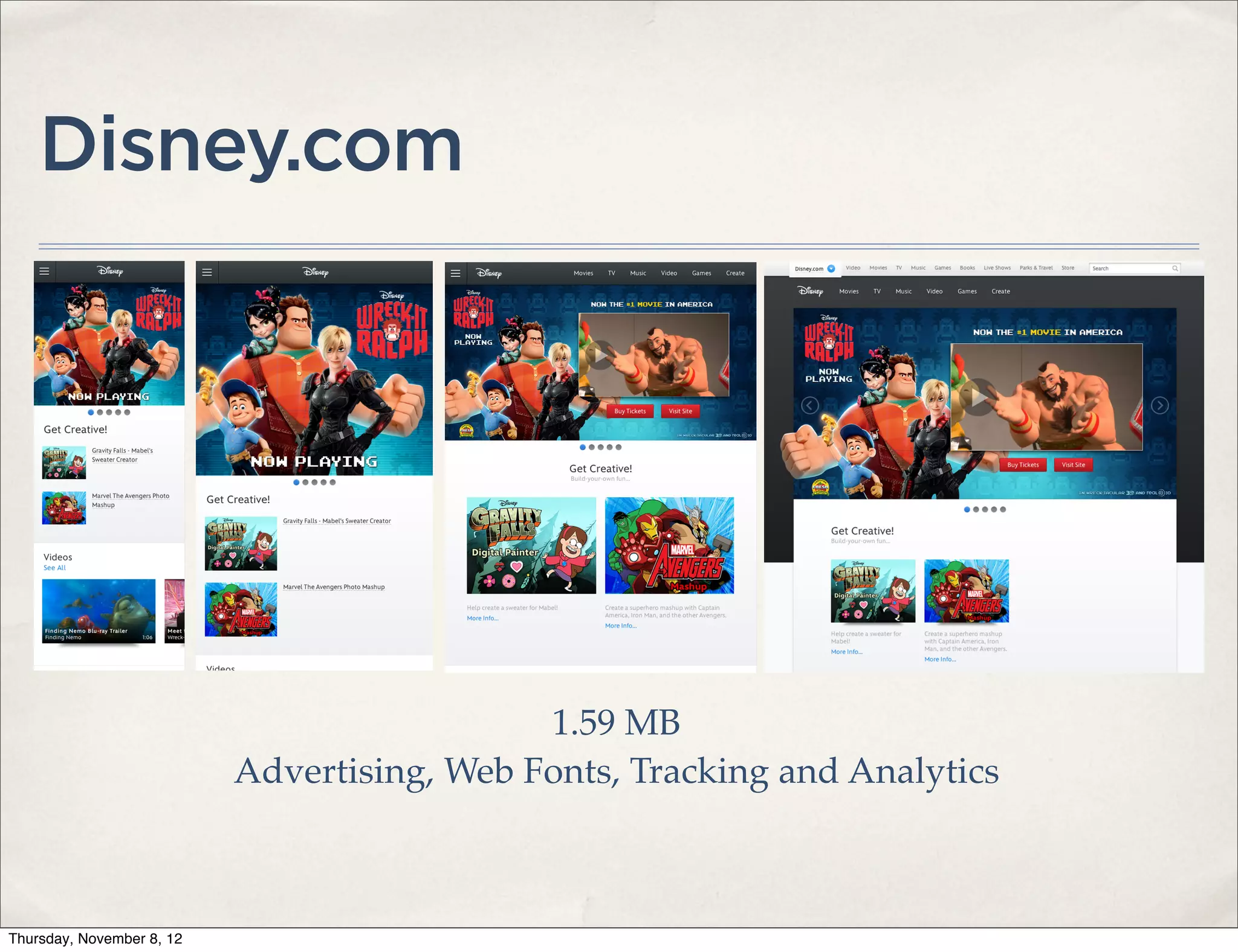Disney.com




                                             1.59 MB
                           Advertising, Web Fonts, Tracking and Analytics



Thursday, November 8, 12
 