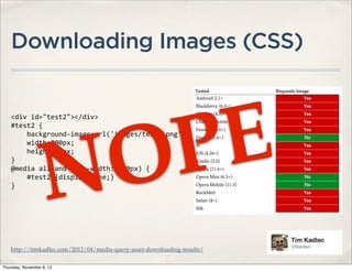 Downloading Images (CSS)




                        PE
    <div	
  id="test2"></div>




                      O
    #test2	
  {
    	
  	
  	
  	
  background-­‐image:url('images/test2.png');




                    N
    	
  	
  	
  	
  width:200px;
    	
  	
  	
  	
  height:75px;
    }
    @media	
  all	
  and	
  (max-­‐width:	
  600px)	
  {
    	
  	
  	
  	
  #test2	
  {display:none;}
    }




    http://timkadlec.com/2012/04/media-query-asset-downloading-results/

Thursday, November 8, 12
 