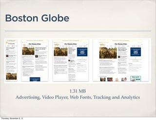 Boston Globe




                                          1.31 MB
               Advertising, Video Player, Web Fonts, Tracking and Analytics



Thursday, November 8, 12
 