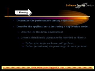  Determine the performance testing objectives
 Describe the application to test using a application model
1. Describe the Hardware environment
2. Create a Benchmark (Agenda) to be recorded in Phase 2.
A. Define what tasks each user will perform
B. Define (or estimate) the percentage of users per task.
1.Planning
>>>>>>>>>>>>>>>>>>>>>> www.softwaretestinggenius.com <<<<<<<<<<<<<<<<<<<<<<
 