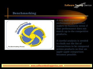 Benchmarking
 A very well-improved
performance of a product
makes no business sense if
that performance does not
match up to the competitive
products.
 A careful analysis is needed
to chalk out the list of
transactions to be compared
across products so that an
apple-apple comparison
becomes possible.
>>>>>>>>>>>>>>>>>>>>>> www.softwaretestinggenius.com <<<<<<<<<<<<<<<<<<<<<<
 