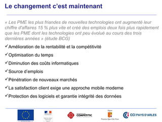 Le changement c’est maintenant
« Les PME les plus friandes de nouvelles technologies ont augmenté leur 
chiffre d'affaires 15 % plus vite et créé des emplois deux fois plus rapidement 
que les PME dont les technologies ont peu évolué au cours des trois 
dernières années » (étude BCG)
Amélioration de la rentabilité et la compétitivité
Optimisation du temps
Diminution des coûts informatiques
Source d’emplois
Pénétration de nouveaux marchés
La satisfaction client exige une approche mobile moderne
Protection des logiciels et garantie intégrité des données
 