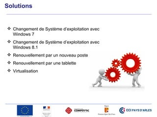 Solutions
 Changement de Système d’exploitation avec
Windows 7
 Changement de Système d’exploitation avec
Windows 8.1
 Renouvellement par un nouveau poste
 Renouvellement par une tablette
 Virtualisation
 