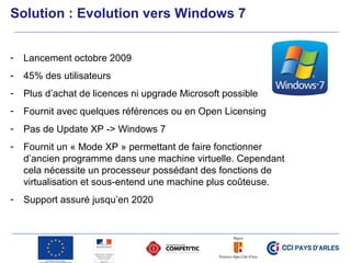 Solution : Evolution vers Windows 7
- Lancement octobre 2009
- 45% des utilisateurs
- Plus d’achat de licences ni upgrade Microsoft possible
- Fournit avec quelques références ou en Open Licensing
- Pas de Update XP -> Windows 7
- Fournit un « Mode XP » permettant de faire fonctionner
d’ancien programme dans une machine virtuelle. Cependant
cela nécessite un processeur possédant des fonctions de
virtualisation et sous-entend une machine plus coûteuse.
- Support assuré jusqu’en 2020
 