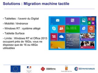 - Tablettes : l’avenir du Digital
- Mobilité / itinérance
- Windows RT : système allégé
- Tablette Surface
- Limite : Windows RT et Office 2013
occupant près de 16Go, vous ne
disposez que de 16 ou 48Go
utilisables
Solutions : Migration machine tactile
 
