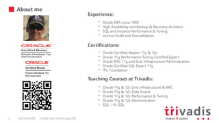 TechEvent 2016-sept-092 09/10/2016
Experience:
• Oracle DBA since 1990
• High Availability and Backup & Recovery Architect
• SQL and Instance Performance & Tuning
• License Audit and Consolidation
Certifications:
• Oracle Certified Master 11g & 12c
• Oracle 11g Performance Tuning Certified Expert
• Oracle RAC 11g and Grid Infrastructure Administration
• Oracle Certified SQL Expert 11g
• ITIL Foundation
Teaching Courses at Trivadis:
• Oracle 11g & 12c Grid Infrastructure & RAC
• Oracle 11g & 12c Data Guard
• Oracle 11g & 12c Performance & Tuning
• Oracle 11g & 12c Administration
• SQL – PL-SQL
About me
 