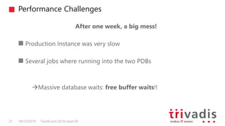 Performance Challenges
TechEvent 2016-sept-0921 09/10/2016
After one week, a big mess!
Production Instance was very slow
Several jobs where running into the two PDBs
Massive database waits: free buffer waits!!
 