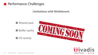 Performance Challenges
TechEvent 2016-sept-0923 09/10/2016
Limitations with Multitenant
Shared pool
Buffer cache
I/O activity
 