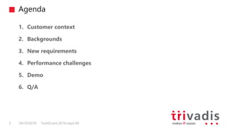 Agenda
TechEvent 2016-sept-093 09/10/2016
1. Customer context
2. Backgrounds
3. New requirements
4. Performance challenges
5. Demo
6. Q/A
 