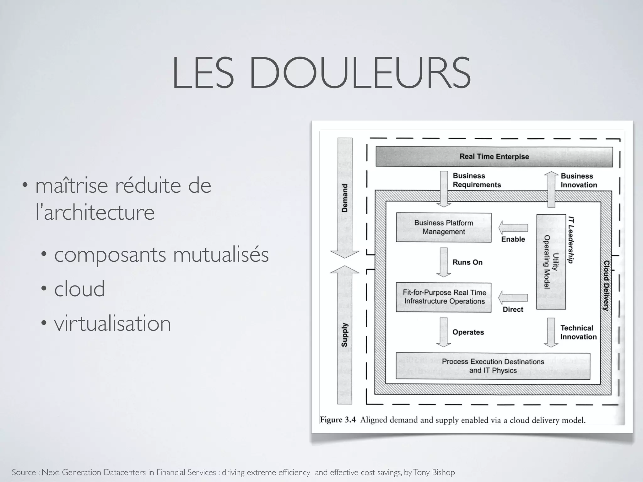 • maîtrise réduite de
l’architecture
• composants mutualisés
• cloud
• virtualisation
LES DOULEURS
Source : Next Generation Datacenters in Financial Services : driving extreme efﬁciency and effective cost savings, byTony Bishop
 