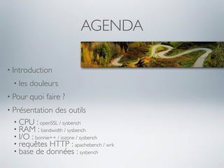 AGENDA
• Introduction
• les douleurs
• Pour quoi faire ?
• Présentation des outils
• CPU : openSSL / sysbench
• RAM : bandwidth / sysbench
• I/O : bonnie++ / iozone / sysbench
• requêtes HTTP : apachebench / wrk
• base de données : sysbench
 