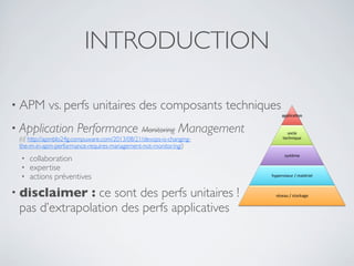 • APM vs. perfs unitaires des composants techniques
• Application Performance Monitoring Management
(cf. http://apmblo24g.compuware.com/2013/08/21/devops-is-changing-
the-m-in-apm-performance-requires-management-not-monitoring/)
• collaboration
• expertise
• actions préventives
• disclaimer : ce sont des perfs unitaires !
pas d’extrapolation des perfs applicatives
INTRODUCTION
applica&on)
socle)
technique)
système)
hyperviseur)/)matériel)
réseau)/)stockage)
 