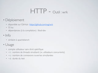 HTTP - Outil : wrk
• Déploiement
• disponible sur GitHub : https://github.com/wg/wrk
• 55 ko
• dépendances (à la compilation) : libssl-dev
• Info
• similaire à apachebench
• Usage
• compte utilisateur sans droit spéciﬁque
• -t : nombre de threads simultané (i.e. utilisateurs concurrents)
• -c : nombre de connexions ouvertes simultanées
• -d : durée du test
 