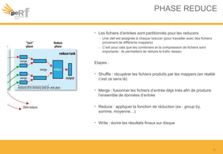 PHASE REDUCE
• Les fichiers d’entrées sont partitionnés pour les reducers
– Une clef est assignée à chaque reducer (pour travailler avec des fichiers
provenant de différents mappers)
– C’est pour cela que les combiners et la compression de fichiers sont
importants : ils permettent de réduire le trafic réseau
Etapes :
• Shuffle : récupérer les fichiers produits par les mappers (en réalité
c’est ce sens là)
• Merge : fusionner les fichiers d’entrée déjà triés afin de produire
l’ensemble de données d’entrée
• Reduce : appliquer la fonction de réduction (ex : group by,
somme, moyenne…)
• Write : écrire les résultats finaux sur disque
15
 