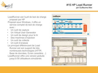 LoadRunner est l’outil de test de charge
proposé par HP
Proposé sous Windows, il offre un
service complet de test de charge
avec :
• Un outil de capture
• Un Virtual User Generator
• Un outil de design pour le tir
• Des machines d’injection
• Un outil de collecte
• Un outil d’analyse
Le principal différenciant de Load
Runner est son support de très
nombreuses technologies (HTTP,
Base de données, Ecran caractère…)
LoadRunner offre une version gratuite
jusqu’à 50 utilisateurs simultanés
#15 HP Load Runner
par Guillaume Alex
 