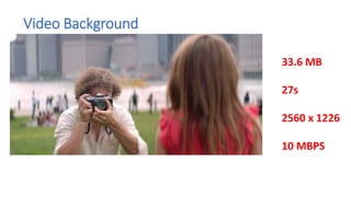 Video Background
Best Practice:
Resize Video to reasonable size.
33.6 MB
27s
2560 x 1226
10 MBPS
 