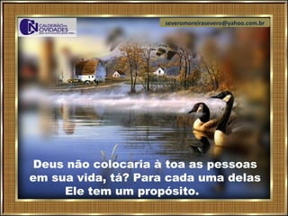 severomoreirasevero@yahoo.com.br




 Deus não colocaria à toa as pessoas
em sua vida, tá? Para cada uma delas
     Ele tem um propósito.
 