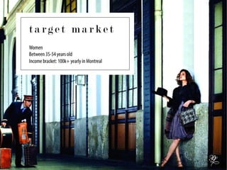 t a r g e t m a r k e t
Women
Between 35-54 years old
Income bracket: 100k+ yearly in Montreal
 