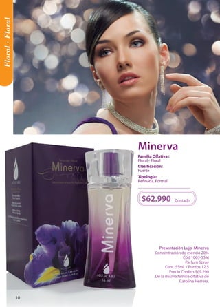 Presentación Lujo Minerva 
Concentración de esencia 20% 
Cód 1003-55M 
Parfum Spray 
Cont. 55ml / Puntos 12,5 
Precio Crédito $69.290 
De la misma familia olfativa de Carolina Herrera. 
$62.990 
Contado 
Floral - Floral 
Tipología: 
Refinada, Formal 
Clasificación: 
Fuerte 
Familia Olfativa : 
Floral - Floral 
Minerva 
10 
 