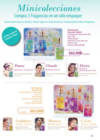 Minicolecciones 
Mini Coleccion 
Sensación Tropical 
Concentración de esencia 20% 
Cód. 1302 
Parfum Spray 
Estuche x3 .15ml cada uno 
Puntos 11,63 
Precio Crédito $68.200 
$62.000 Contado 
Mini Coleccion 
Rosa Oriental 
Concentración de esencia 20% 
Cód. 1301 
Parfum Spray 
Estuche x3 .15ml cada uno 
Puntos 11,63 
Precio Crédito $68.200 
Contado $62.000 
Dinámica, 
Juvenil, Extrovertida 
Electra 
De la misma familia olfativa 
de: Paris Hilton. 
Refinada, Formal 
Chanik 
De la misma familia olfativa de: 
Euphoria 
Danae 
Romántica, Sentimental 
De la misma familia olfativa 
de: Fantasy 
Confidence Minerva C.Lene 
De la misma Familia 
olfativa de: Lolita Lempicka. 
De la misma Familia olfativa 
de: Carolina Herrera. 
De la misma Familia olfativa 
de: Jean Paul Gaultier. 
Seductora, Misteriosa Refinada, Formal Seductora, Soñadora 
Compra 3 Fragancias en un sólo empaque 
Perfecto para llevar en el bolso / Úsalos según tu estado de ánimo / Cambia todos los días tu fragancia. 
¿Cómo quieres 
sentirte Hoy? 
23 
 