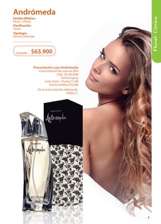 $63.900 
Contado 
Floral- Cítrico 
Tipología: 
Serena, Delicada 
Clasificación: 
Suave 
Familia Olfativa : 
Floral - Cítrico 
Presentación Lujo Andrómeda Concentración de esencia 20% Cód. 1012A-65M 
Parfum Spray 
Cont. 65ml / Puntos 11,98 
Precio Crédito $70.290 
De la misma familia olfativa de: 
Addict 2. 
Andrómeda 
3 
 