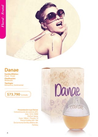 Floral - Frutal 
Tipología: 
Romántica, Sentimental 
Clasificación: 
Moderado 
Familia Olfativa : 
Floral - Frutal 
Presentación Lujo Danae 
Concentración de esencia 20% 
Cód. 1016-100M 
Parfum Spray 
Cont. 100ml / Puntos 14 
Precio Crédito $81.190 
De la misma familia olfativa de: 
Fantasy 
$73.790 Contado 
Danae 
4 
 