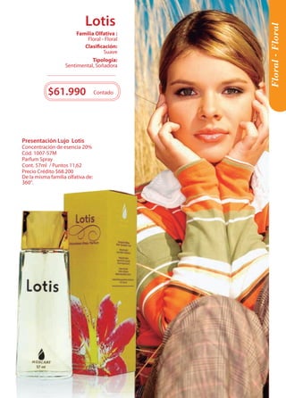 Presentación Lujo Lotis 
Concentración de esencia 20% 
Cód. 1007-57M 
Parfum Spray 
Cont. 57ml / Puntos 11,62 
Precio Crédito $68.200 
De la misma familia olfativa de: 
360°. 
7 
Floral - Floral 
$61.990 Contado 
Tipología: 
Sentimental, Soñadora 
Clasificación: 
Suave 
Familia Olfativa : 
Floral - Floral 
Lotis 
7 
 