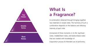What Is
a Fragrance?
A combination obtained through bringing together
raw materials or simple notes. The harmony of such a
combination depends on the balance and olfactory
intensity of each note.
Composed of three moments in its life: top/head
notes, middle/heart notes, and bottom/base notes
that are created with knowledge of:
Evaporation process & Intended use of perfumery.
Top
Notes
Middle
Notes
Base
Notes
 