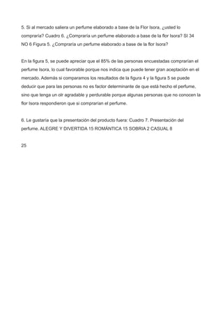 5. Si al mercado saliera un perfume elaborado a base de la Flor Isora, ¿usted lo
compraría? Cuadro 6. ¿Compraría un perfume elaborado a base de la flor Isora? SI 34
NO 6 Figura 5. ¿Compraría un perfume elaborado a base de la flor Isora?
En la figura 5, se puede apreciar que el 85% de las personas encuestadas comprarían el
perfume Isora, lo cual favorable porque nos indica que puede tener gran aceptación en el
mercado. Además si comparamos los resultados de la figura 4 y la figura 5 se puede
deducir que para las personas no es factor determinante de que está hecho el perfume,
sino que tenga un olr agradable y perdurable porque algunas personas que no conocen la
flor Isora respondieron que si comprarían el perfume.
6. Le gustaría que la presentación del producto fuera: Cuadro 7. Presentación del
perfume. ALEGRE Y DIVERTIDA 15 ROMÁNTICA 15 SOBRIA 2 CASUAL 8
25
 
