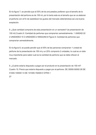 En la figura 7, se percibe que el 55% de los encuetados prefieren que el tamaño de la
presentación del perfume es de 100 ml, por lo tanto este es el tamaño que se va elaborar
el perfume con el fin de sastisfacer los gustos del mercado obteniéndose asi una buena
aceptación.
8. ¿Qué cantidad compraría de esta presentación en un semestre? (la presentación de
100 ml) Cuadro 9. Cantidad de perfumes que comprarían semestralmente. 1 UNIDAD 22
2 UNIDADES 10 3 UNIDADES 2 NINGUNA 6 Figura 8. Cantidad de perfumes que
comprarían semestralmente.
En la figura 8, se puede percibir que el 55% de las personas comprarían 1 unidad de
perfume de la presentación de 100 ml y un 25% compraría 2 unidades, lo cual es un dato
muy importante para saber cual es la cantidad de perfume que se debe ofrecer al
mercado.
9. ¿Cuánto estaría dispuesto a pagar por el producto en la presentación de 100 ml?
Cuadro 10. Precio que estaría dispuesto a pagar por el perfume. DE 30000-50000 26 DE
51000-100000 13 DE 101000-150000 0 OTRA 1
27
 