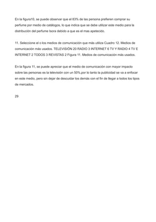 En la figura10, se puede observar que el 83% de las persona prefieren comprar su
perfume por medio de catálogos, lo que indica que se debe utilizar este medio para la
distribución del perfume Isora debido a que es el mas apetecido.
11. Seleccione el o los medios de comunicación que más utiliza Cuadro 12. Medios de
comunicación más usados. TELEVISIÓN 20 RADIO 3 INTERNET 6 TV Y RADIO 4 TV E
INTERNET 2 TODOS 3 REVISTAS 2 Figura 11. Medios de comunicación más usados.
En la figura 11, se puede apreciar que el medio de comunicación con mayor impacto
sobre las personas es la televisión con un 50%,por lo tanto la publicidad se va a enfocar
en este medio, pero sin dejar de descuidar los demás con el fin de llegar a todos los tipos
de mercados.
29
 