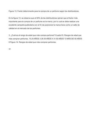 Figura 13. Factor determinante para la compra de un perfume según los distribuidores.
En la figura 13, se observa que el 50% de las distribuidoras opinan que el factor más
importante para la compra de un perfume es la marca, por lo cual se debe realizar una
excelente campaña publicitaria con el fin de posicionar la marca Isora como un sello de
calidad en el mercado de los perfumes.
3. ¿Cuál es el rango de edad que más compra perfume? Cuadro15. Rangos de edad que
más compran perfumes. 15.25 AÑOS 3 26-30 AÑOS 4 31-50 AÑOS 13 MÁS DE 50 AÑOS
0 Figura 14. Rangos de edad que más compran perfumes.
31
 