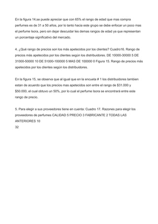 En la figura 14,se puede apreciar que con 65% el rango de edad que mas compra
perfumes es de 31 a 50 años, por lo tanto hacia este grupo se debe enfocar un poco mas
el perfume Isora, pero sin dejar descuidar les demas rangos de edad ya que representan
un porcentaje significativo del mercado.
4. ¿Qué rango de precios son los más apetecidos por los clientes? Cuadro16. Rango de
precios más apetecidos por los clientes según los distribuidores. DE 10000-30000 5 DE
31000-50000 10 DE 51000-100000 5 MAS DE 100000 0 Figura 15. Rango de precios más
apetecidos por los clientes según los distribuidores.
En la figura 15, se observa que al igual que en la encueta # 1 los distribuidores tambien
estan de acuerdo que los precios mas apetecidos son entre el rango de $31.000 y
$50.000, el cual obtuvo un 50%, por lo cual el perfume Isora se encontrará entre este
rango de precio.
5. Para elegir a sus proveedores tiene en cuenta: Cuadro 17. Razones para elegir los
proveedores de perfumes CALIDAD 5 PRECIO 3 FABRICANTE 2 TODAS LAS
ANTERIORES 10
32
 