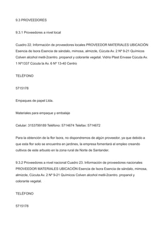 9.3 PROVEEDORES
9.3.1 Proveedores a nivel local
Cuadro 22. Información de proveedores locales PROVEEDOR MATERIALES UBICACIÓN
Esencia de Isora Esencia de sándalo, mimosa, almizcle, Cúcuta Av. 2 Nº 9-21 Químicos
Colven alcohol metil-2centro. propanol y colorante vegetal. Vidrio Plast Envase Cúcuta Av.
1 Nº1337 Cúcuta la Av. 6 Nº 13-40 Centro
TELÉFONO
5715178
Empaques de papel Ltda.
Materiales para empaque y embalaje
Celular: 3153799189 Teléfono: 5714674 Telefax: 5714672
Para la obtención de la flor Isora, no dispondremos de algún proveedor, ya que debido a
que esta flor solo se encuentra en jardines, la empresa fomentará el empleo creando
cultivos de este arbusto en la zona rural de Norte de Santander.
9.3.2 Proveedores a nivel nacional Cuadro 23. Información de proveedores nacionales
PROVEEDOR MATERIALES UBICACIÓN Esencia de Isora Esencia de sándalo, mimosa,
almizcle, Cúcuta Av. 2 Nº 9-21 Químicos Colven alcohol metil-2centro. propanol y
colorante vegetal.
TELÉFONO
5715178
 