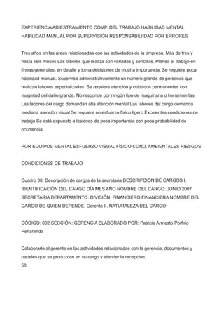 EXPERIENCIA ADIESTRAMIENTO COMP. DEL TRABAJO HABILIDAD MENTAL
HABILIDAD MANUAL POR SUPERVISIÓN RESPONSABILI DAD POR ERRORES
Tres años en las áreas relacionadas con las actividades de la empresa. Más de tres y
hasta seis meses Las labores que realiza son variadas y sencillas. Planea el trabajo en
líneas generales, en detalle y toma decisiones de mucha importancia. Se requiere poca
habilidad manual. Supervisa administrativamente un número grande de personas que
realizan labores especializadas. Se requiere atención y cuidados permanentes con
magnitud del daño grande. No responde por ningún tipo de maquinaria o herramientas
Las labores del cargo demandan alta atención mental Las labores del cargo demanda
mediana atención visual Se requiere un esfuerzo físico ligero Excelentes condiciones de
trabajo Se está expuesto a lesiones de poca importancia con poca probabilidad de
ocurrencia
POR EQUIPOS MENTAL ESFUERZO VISUAL FÍSICO COND. AMBIENTALES RIESGOS
CONDICIONES DE TRABAJO
Cuadro 30. Descripción de cargos de la secretaria DESCRIPCIÓN DE CARGOS I.
IDENTIFICACIÓN DEL CARGO DÍA MES AÑO NOMBRE DEL CARGO: JUNIO 2007
SECRETARIA DEPARTAMENTO: DIVISIÓN: FINANCIERO FINANCIERA NOMBRE DEL
CARGO DE QUIEN DEPENDE: Gerente II. NATURALEZA DEL CARGO
CÓDIGO: 002 SECCIÓN: GERENCIA ELABORADO POR: Patricia Armesto Porfirio
Peñaranda
Colaborarle al gerente en las actividades relacionadas con la gerencia, documentos y
papeles que se produzcan en su cargo y atender la recepción.
58
 
