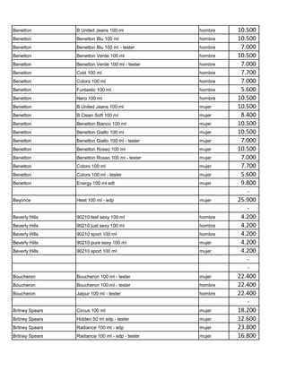 Benetton         B United Jeans 100 ml             hombre   10.500
Benetton         Benetton Blu 100 ml               hombre   10.500
Benetton         Benetton Blu 100 ml - tester      hombre    7.000
Benetton         Benetton Verde 100 ml             hombre   10.500
Benetton         Benetton Verde 100 ml - tester    hombre    7.000
Benetton         Cold 100 ml                       hombre    7.700
Benetton         Colors 100 ml                     hombre    7.000
Benetton         Funtastic 100 ml                  hombre    5.600
Benetton         Nero 100 ml                       hombre   10.500
Benetton         B United Jeans 100 ml             mujer    10.500
Benetton         B.Clean Soft 100 ml               mujer     8.400
Benetton         Benetton Bianco 100 ml            mujer    10.500
Benetton         Benetton Giallo 100 ml            mujer    10.500
Benetton         Benetton Giallo 100 ml - tester   mujer     7.000
Benetton         Benetton Rosso 100 ml             mujer    10.500
Benetton         Benetton Rosso 100 ml - tester    mujer     7.000
Benetton         Colors 100 ml                     mujer     7.700
Benetton         Colors 100 ml - tester            mujer     5.600
Benetton         Energy 100 ml edt                 mujer     9.800
                                                               -
Beyonce          Heat 100 ml - edp                 mujer    25.900
                                                               -
Beverly Hills    90210 feel sexy 100 ml            hombre    4.200
Beverly Hills    90210 just sexy 100 ml            hombre    4.200
Beverly Hills    90210 sport 100 ml                hombre    4.200
Beverly Hills    90210 pure sexy 100 ml            mujer     4.200
Beverly Hills    90210 sport 100 ml                mujer     4.200
                                                               -
                                                               -
Boucheron        Boucheron 100 ml - tester         mujer    22.400
Boucheron        Boucheron 100 ml - tester         hombre   22.400
Boucheron        Jaipur 100 ml - tester            hombre   22.400
                                                               -
Britney Spears   Circus 100 ml                     mujer    18.200
Britney Spears   Hidden 50 ml edp - tester         mujer    12.600
Britney Spears   Radiance 100 ml - edp             mujer    23.800
Britney Spears   Radiance 100 ml - edp - tester    mujer    16.800
 
